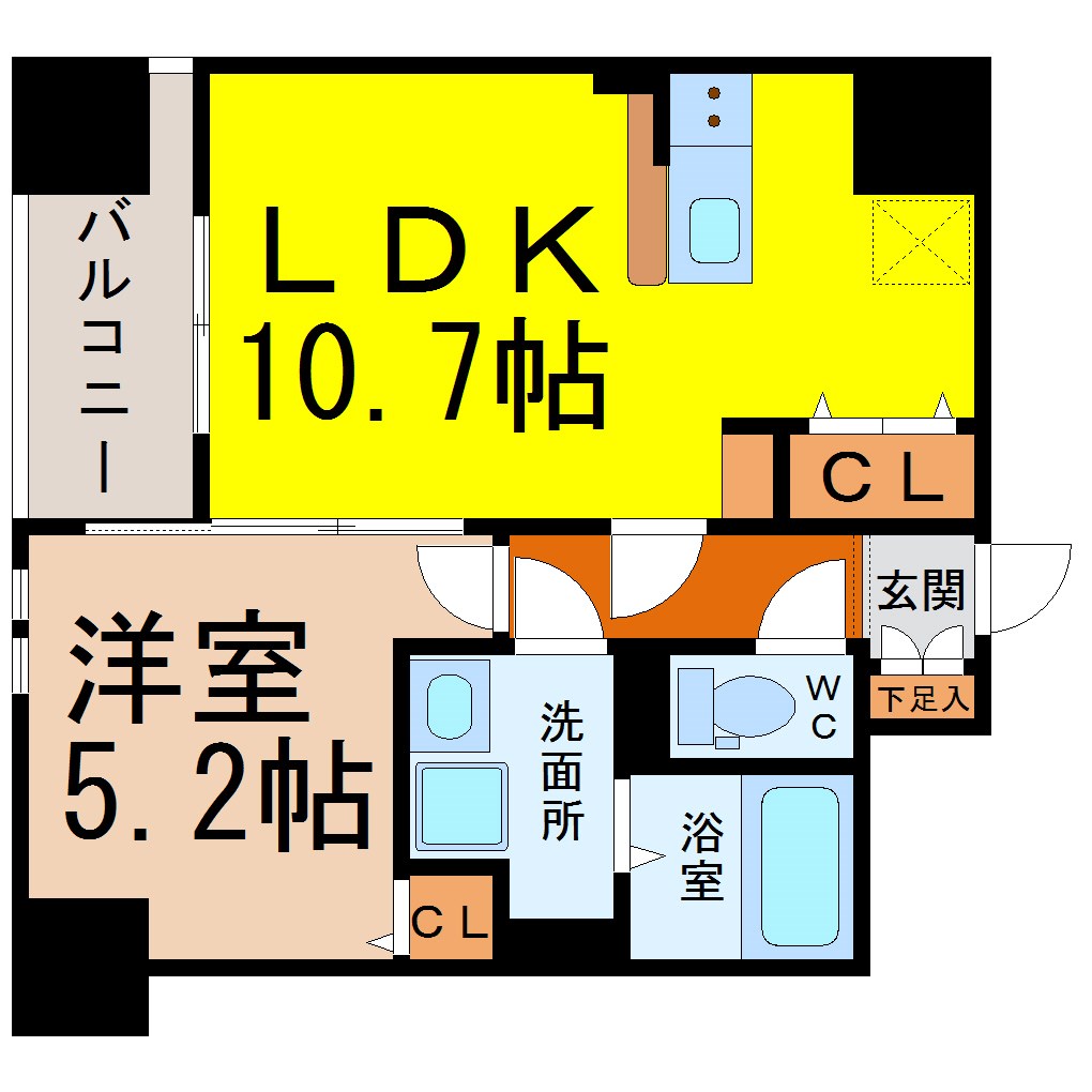 リフレスタ吹上 間取図　ＬＤＫ10.7帖　洋室5.2帖　脱衣洗面所