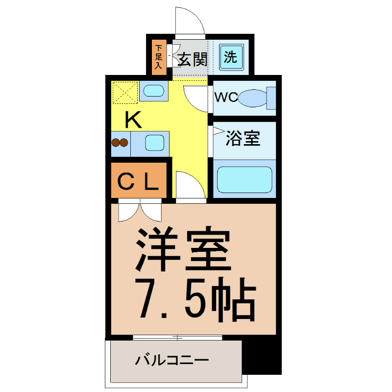 パルティール千種 間取図　洋室7.5帖　独立洗面所　バルコニー