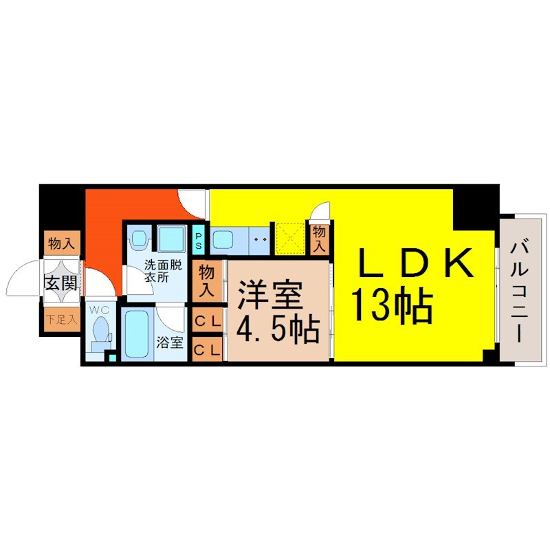 CORNES HOUSE NAGOYA（コーンズハウスナゴヤ） 間取図　ＬＤＫ13帖　洋室4.5帖　脱衣洗面所　バルコニー