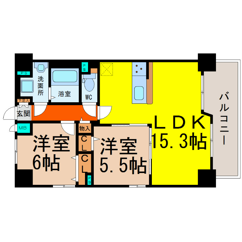 ＣａｓａＤｉＭａｒｅ（カーサジマーレ） 間取図　ＬＤＫ15.3帖　カウンターキッチン　脱衣洗面所