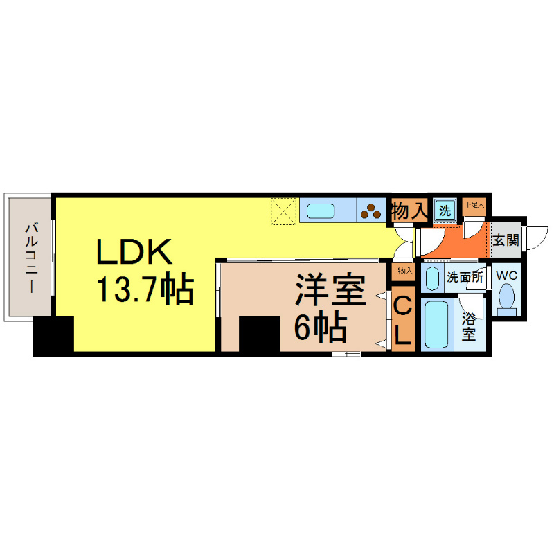 アモンフォンテーヌ 間取図　ＬＤＫ13.7帖　洋室6帖　脱衣洗面所　バルコニー
