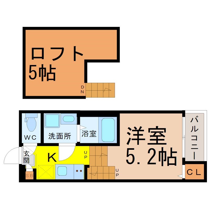 ハーモニーテラス二ツ橋 間取図　洋室5.2帖　ロフト5帖　脱衣洗面所