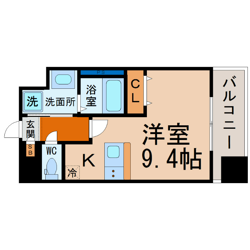 アンナマリー大喜 間取図　洋室9.4帖　脱衣洗面所　南面バルコニー