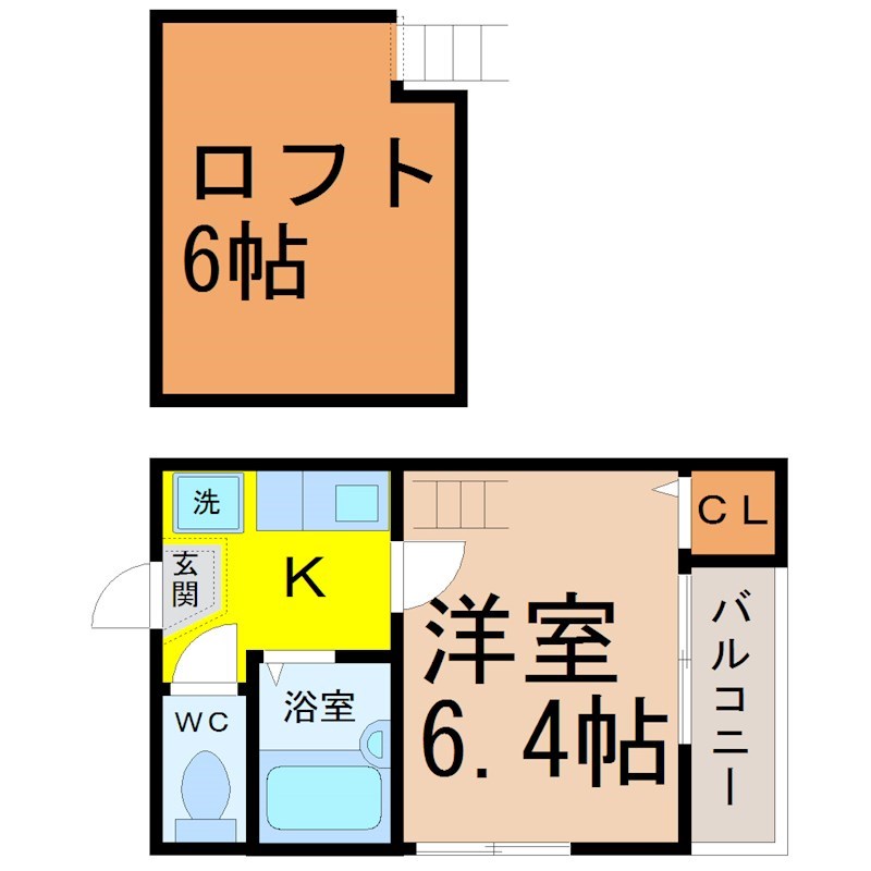 リバティ大須 間取図　洋室6.4帖　ロフト6帖　脱衣洗面所　バルコニー