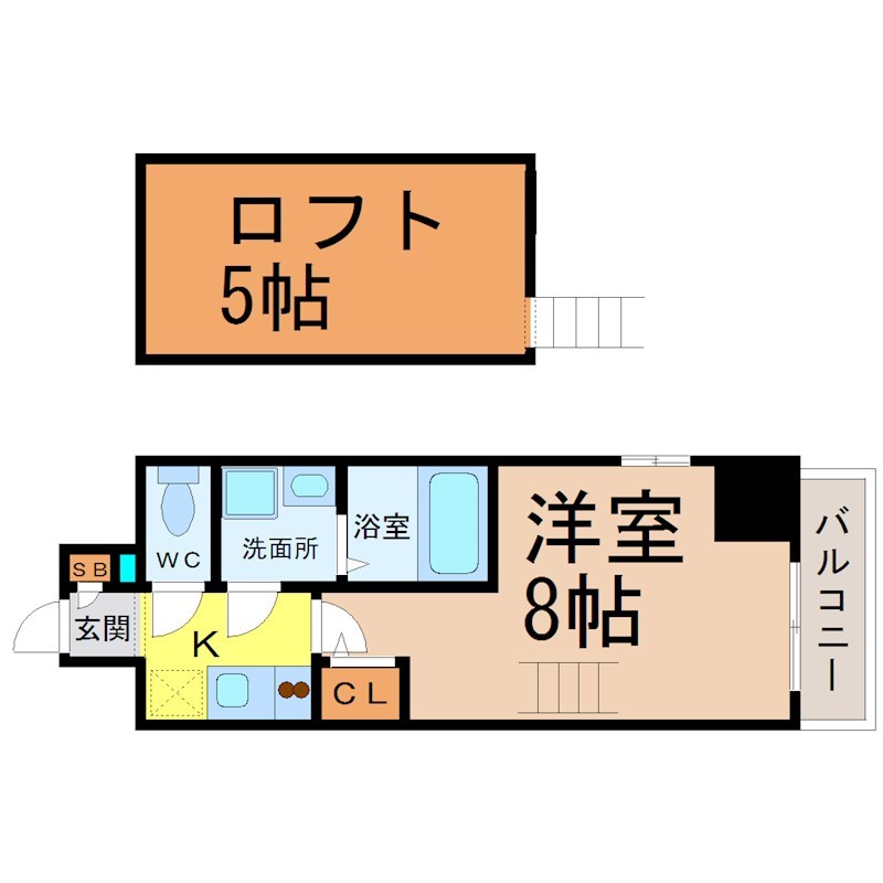 エステムコート名古屋栄デュアルレジェンド 間取図　洋室8帖　ロフト5帖　脱衣洗面所　バルコニー