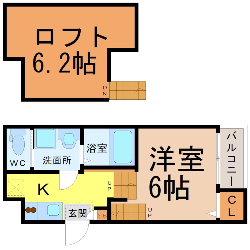 Ｖｉｌｌｅｔｔａ辻町 間取図　洋室6帖　ロフト6.2帖　脱衣洗面所　バルコニー