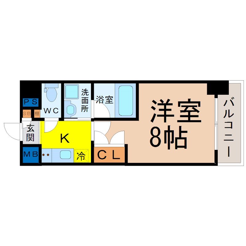 ラッフル大曽根 間取図　洋室8帖　脱衣洗面所　南面バルコニー