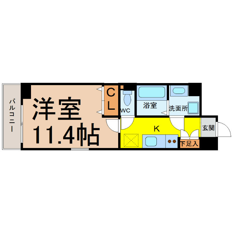 クピットガーデン千代田 間取図　洋室11.4帖　脱衣洗面所　クローゼット付