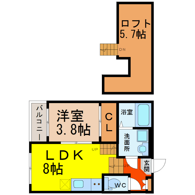 ＢＲＩＸ（ブリックス） 間取図　ＬＤＫ8帖　洋室3.8帖　ロフト5.7帖　脱衣洗面所