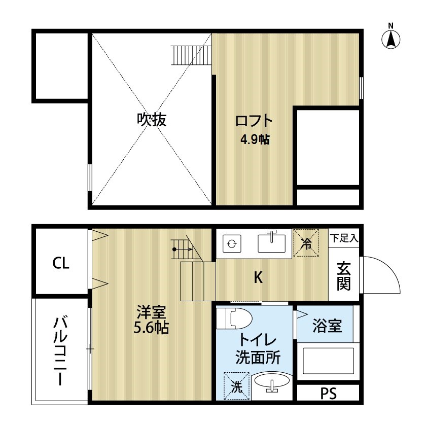 Ｍ’ｓｔｏｍｏｒｒｏｗ（エムズトゥモロー） 間取図　洋室5.6帖　ロフト4.9帖　脱衣洗面所　バルコニー