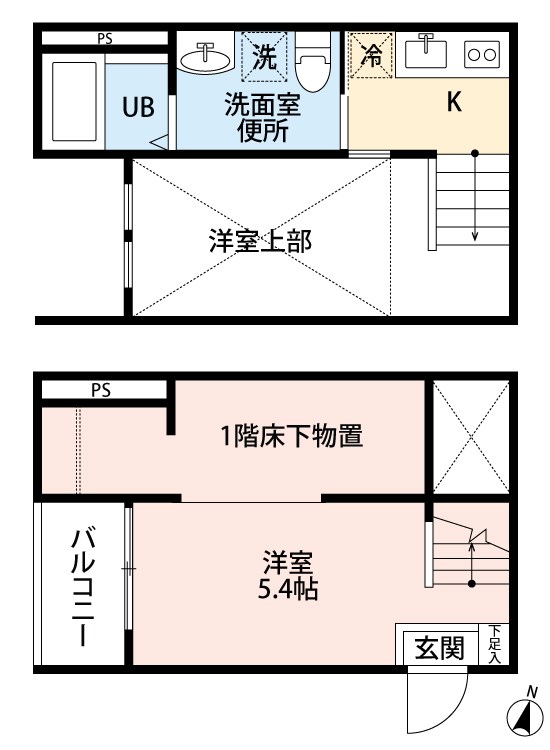 ＬａｖｉｔａII 間取図　洋室5.4帖　アンダーロフト5帖　脱衣洗面所