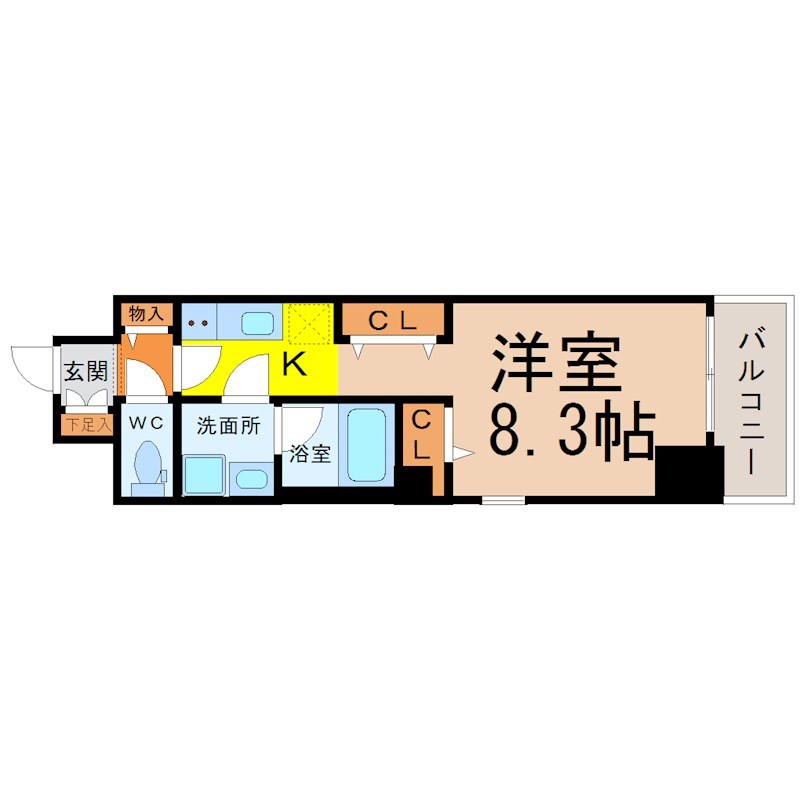 レジーナ鶴舞 間取図　洋室8.3帖　脱衣洗面所　クローゼット付　バルコニー