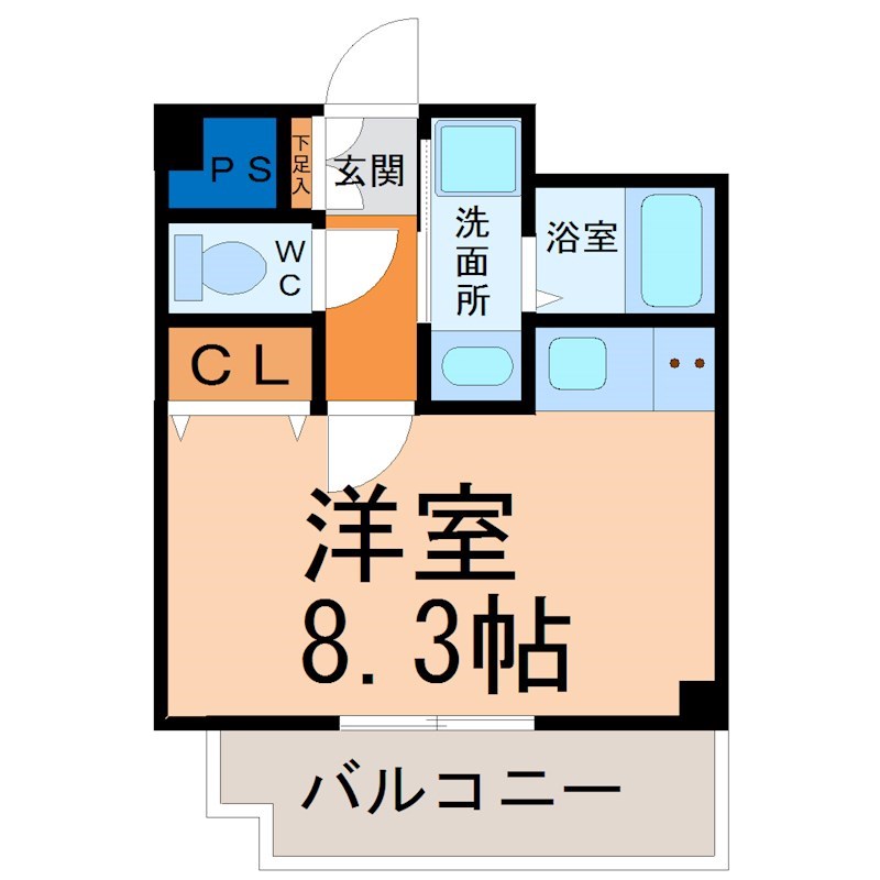 荒畑ハイツ 間取図　洋室8.3帖　脱衣洗面所　南面バルコニー