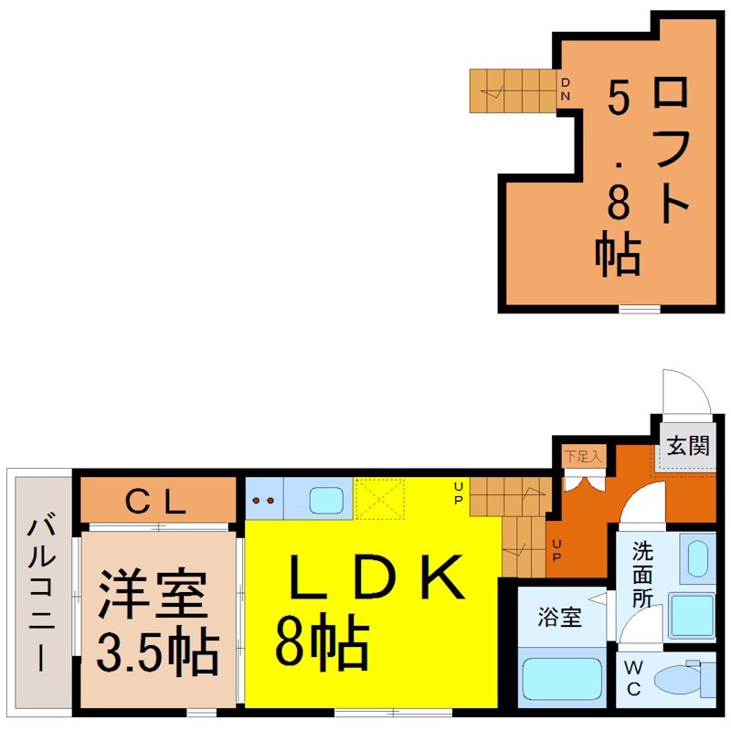 Ｔｒｕｓｔ（トラスト） 間取図　ＬＤＫ8帖　洋室3.5帖　ロフト付　脱衣洗面所