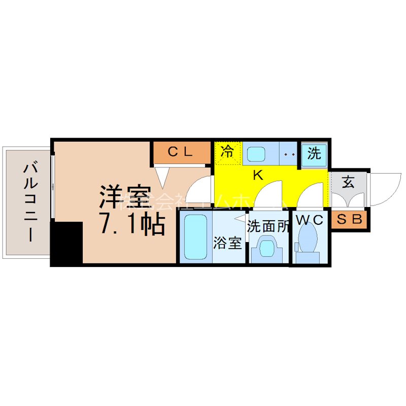プレサンス久屋大通公園セラフィ 間取図　洋室7.1帖　脱衣洗面所　クローゼット付