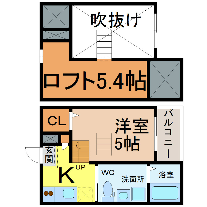 サンクマーレ福住 間取図　洋室5帖　上階ロフト5.4帖　脱衣洗面所