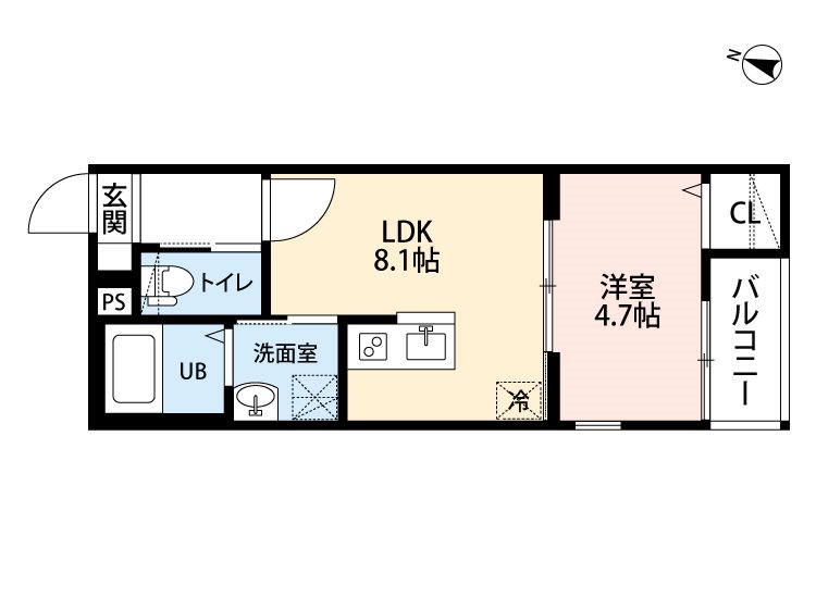 ＴＡ呼続3丁目II　B棟 間取図　ＬＤＫ8.1帖　洋室4.7帖　脱衣洗面所