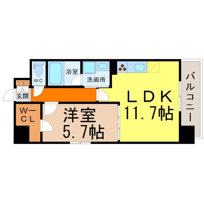 レジデンス悠海 間取図　ＬＤＫ11.7帖　洋室5.7帖　脱衣洗面所