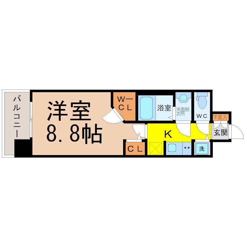 Ｓ－ＲＥＳＩＤＥＮＣＥ志賀本通II 間取図　洋室8.8帖　脱衣洗面所　クローゼット付　バルコニー