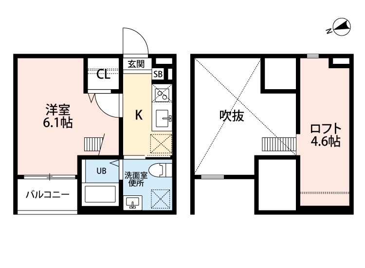 Ｃｉｅｌｏ五女子（シエロゴニョシ） 間取図　洋室6.1帖　ロフト4.6帖　脱衣洗面所　バルコニー