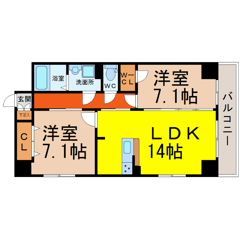 Ｓ－ＦＯＲＴ鶴舞ｍａｒｋｓ 間取図　ＬＤＫ14帖　洋室×２室　ＷＩＣ　２ＷＡＹバルコニー