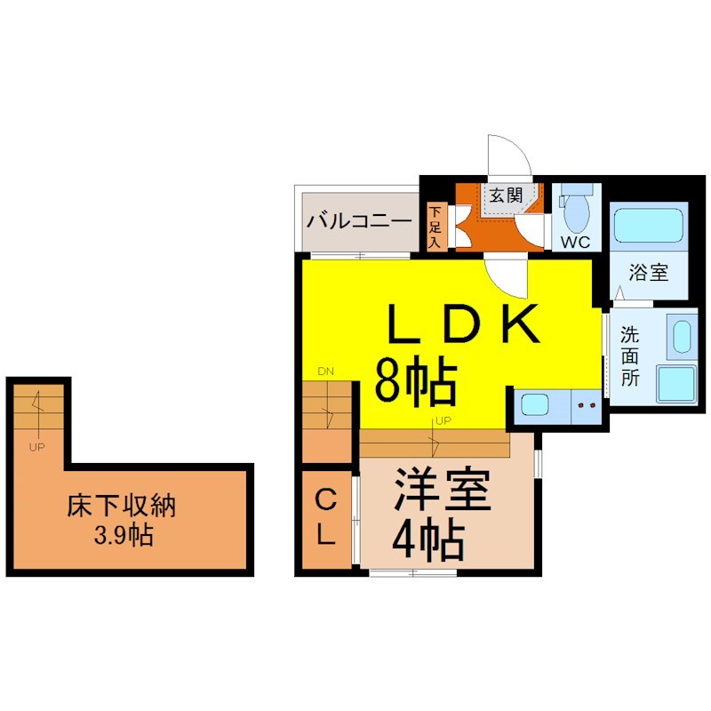 ハーモニーテラス四番Ⅲ 間取図　ＬＤＫ8帖　洋室4帖　床下収納3.9帖