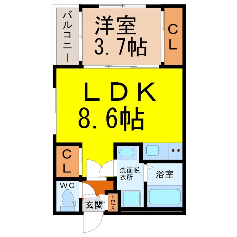 ハーモニーテラス四番Ⅲ 間取図　ＬＤＫ8.6帖　洋室3.7帖　脱衣洗面所