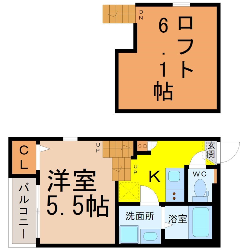 （仮称）天白区原二丁目②新築アパート 間取図　洋室5.5帖　ロフト6.1帖　脱衣洗面所　バルコニー