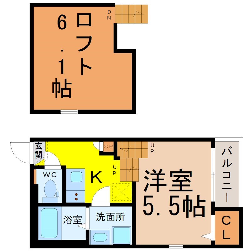 （仮称）天白区原二丁目②新築アパート 間取図　洋室5.5帖　ロフト6.1帖　脱衣洗面所　バルコニー