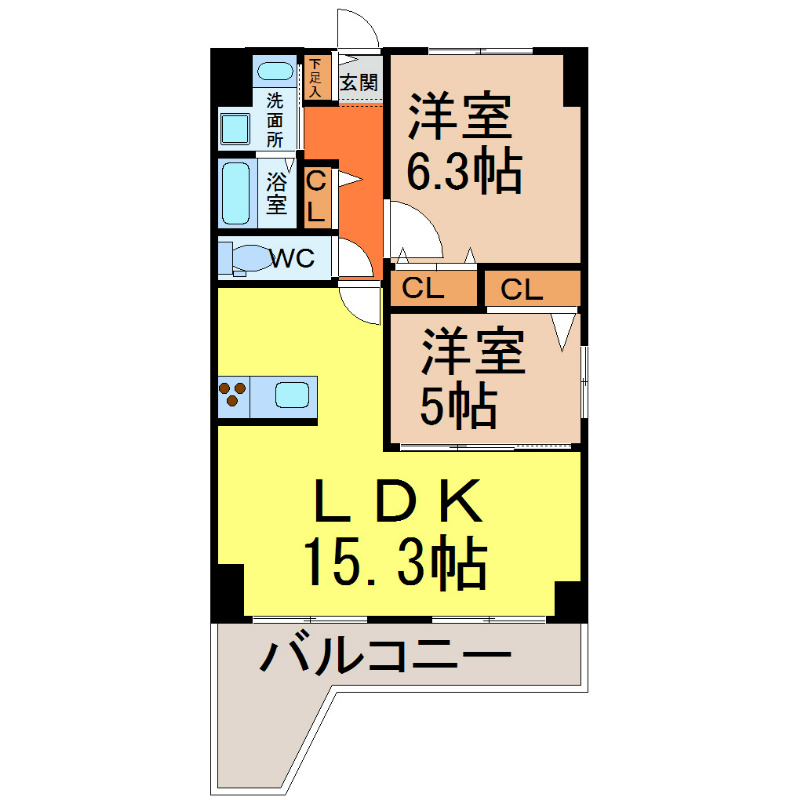 Ｌｏｔｕｓ覚王山 間取図　ＬＤＫ15.3帖　洋室2部屋　クローゼット3か所
