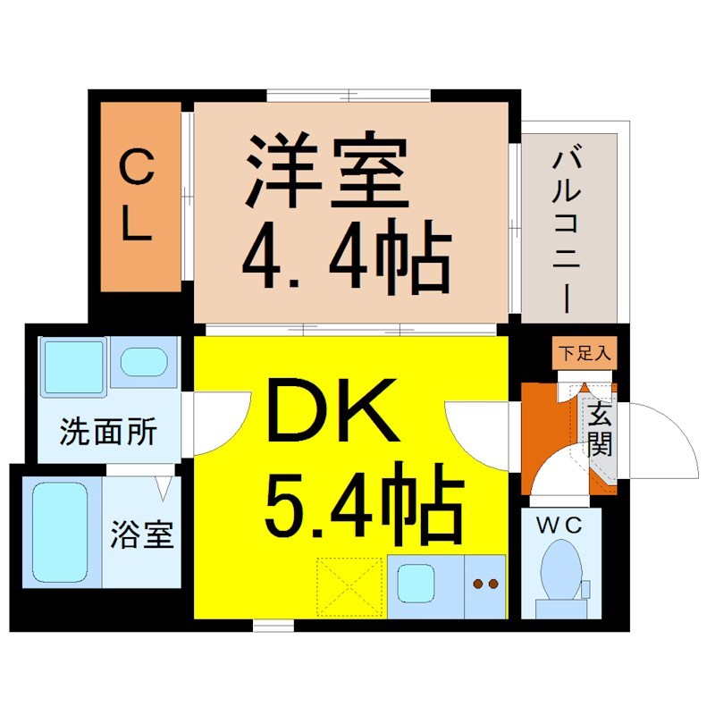 （仮称）熱田区野立町一丁目新築アパート 間取図　ＤＫ5.4帖　洋室4.4帖　脱衣洗面所　バルコニー