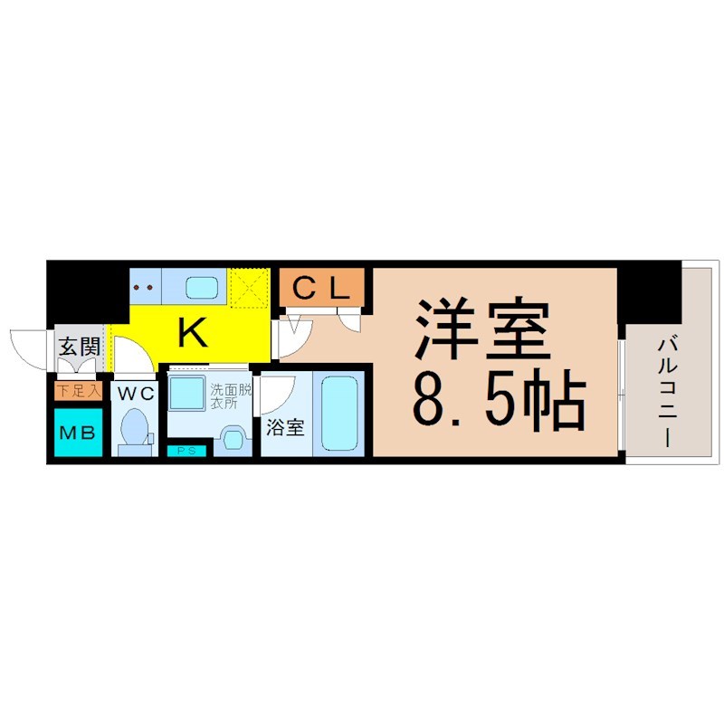 セレニティー大須 間取図　洋室8.5帖　脱衣洗面所　バルコニー
