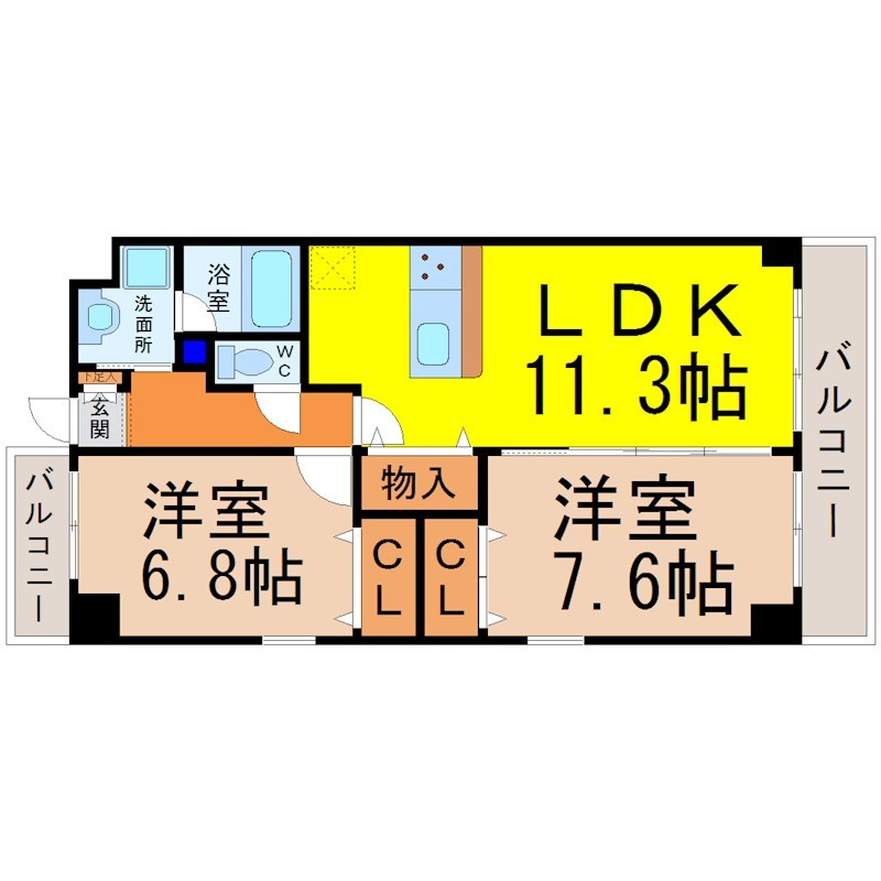 ラトゥール代官町 間取図　ＬＤＫ11.3帖　洋室2部屋　南面バルコニー
