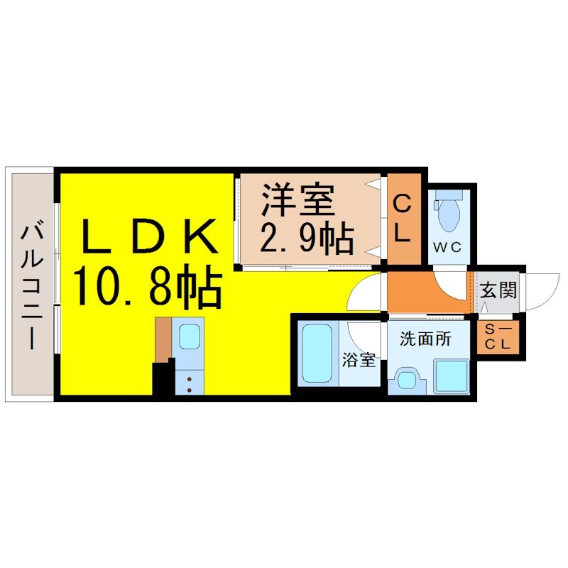 ポルタニグラ千種 間取図　ＬＤＫ10.8帖　洋室2.9帖　脱衣洗面所