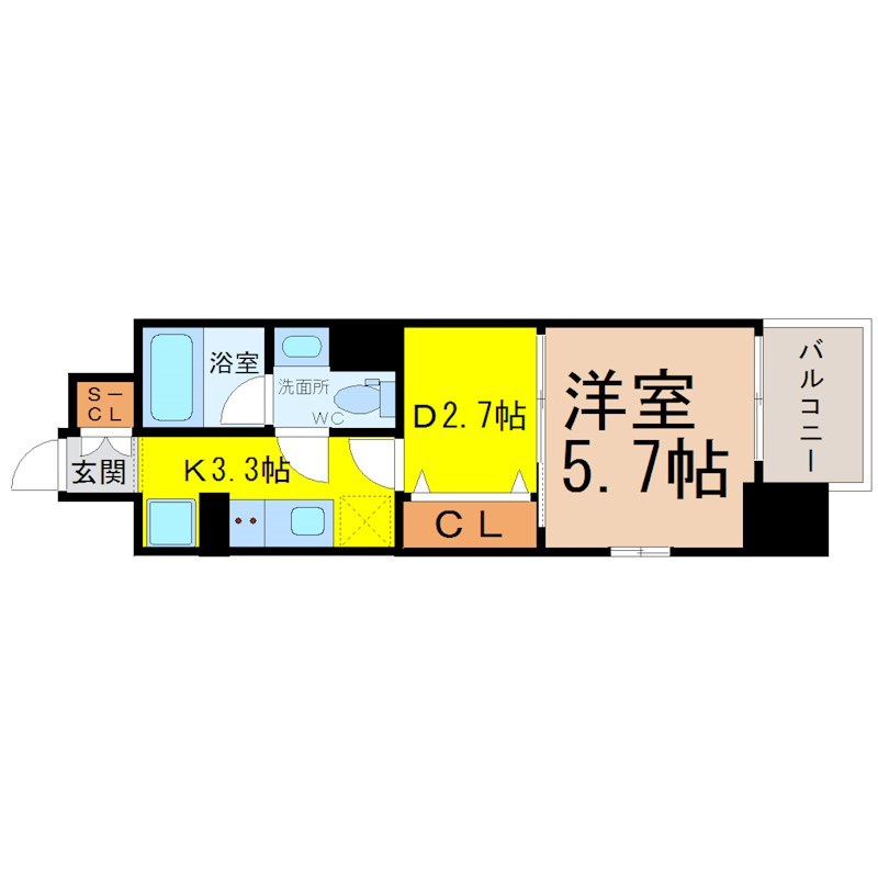 ブランシエスタ泉 間取図　洋室5.7帖　ＤＫ6帖　脱衣洗面所　バルコニー