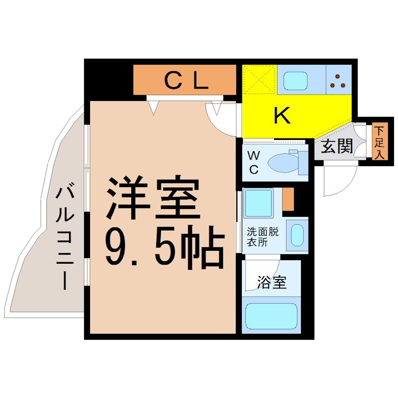 カノン大須 間取図　洋室9.5帖　脱衣洗面所　バルコニー