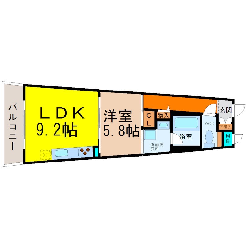 ＳＬＡＮＴＷＡＬＬＳ（スラントウォールズ） 間取り　ＬＤＫ9.2帖　洋室5.8帖　脱衣洗面所　バルコニー