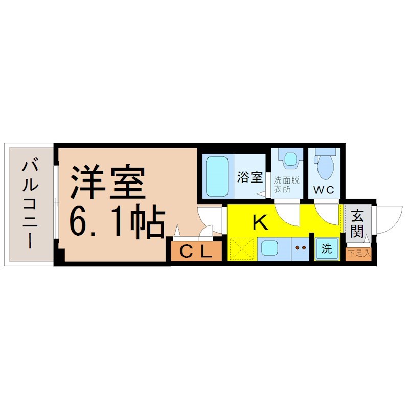 メイクス矢場町 間取図　洋室6.1帖　脱衣洗面所　クローゼット付　バルコニー