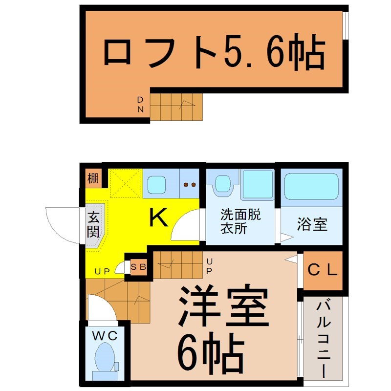 ブランドハウス城西１ 間取図　洋室6帖　ロフト5.6帖　脱衣洗面所