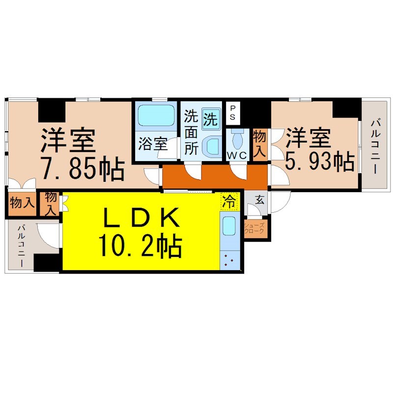  G next nagono（ジーネクストナゴノ） 間取り　ＬＤＫ10.2帖　脱衣洗面所　バルコニー