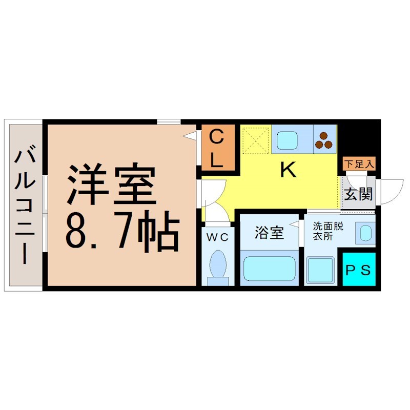 丹下キアーロ 間取図　洋室8.7帖　脱衣洗面所　バルコニー