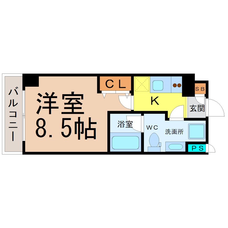 ＡＳレジデンス上前津 間取図　　洋室8.5帖　脱衣洗面所　バルコニー