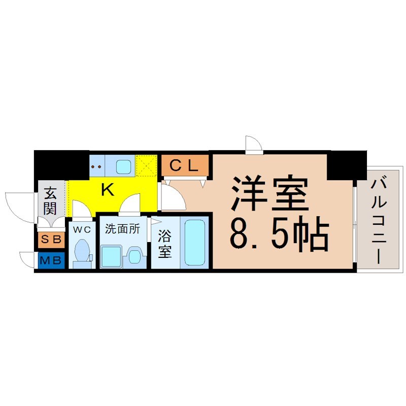 エントピア桜山 間取図　洋室8.5帖　脱衣洗面所　南面バルコニー