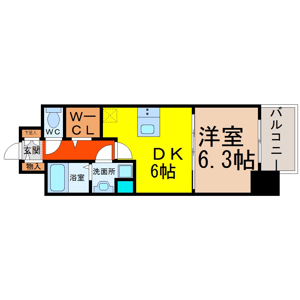 プレサンスジェネ鶴舞 間取図　ＤＫ6帖　洋室6.3帖　ウォークインクローゼット