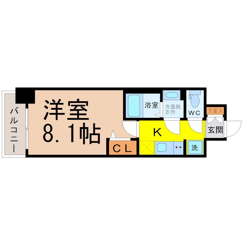 ファスティーナ志賀本通 間取図　洋室8.1帖　脱衣洗面所　クローゼット付　バルコニー