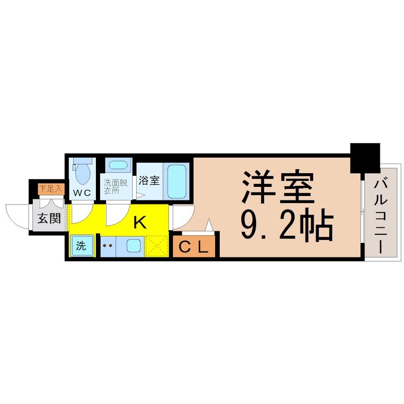 ファスティーナ志賀本通 間取図　洋室9.2帖　脱衣洗面所　クローゼット付　バルコニー