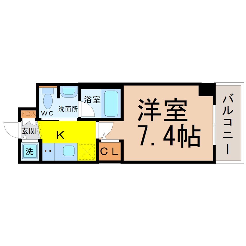 カーサビアンカ黒川 間取図　洋室7.4帖　脱衣洗面所　バルコニー