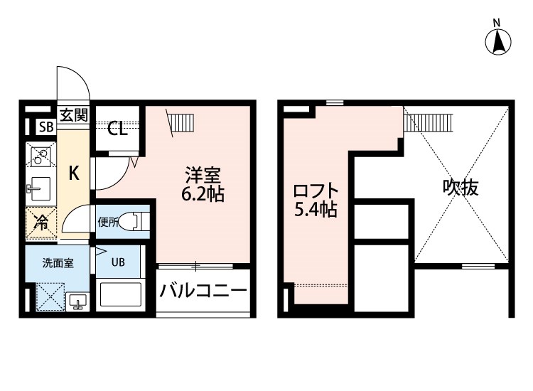 メゾン・シャルマン日比野 間取図　洋室6.2帖　ロフト5.4帖　脱衣洗面所　バルコニー
