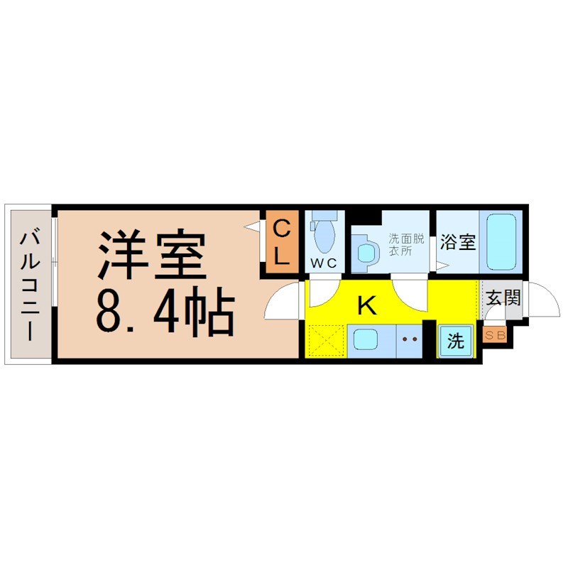 リブリ・グランシャインゴキソ 間取図　洋室8.4帖　脱衣洗面所　クローゼット付　バルコニー