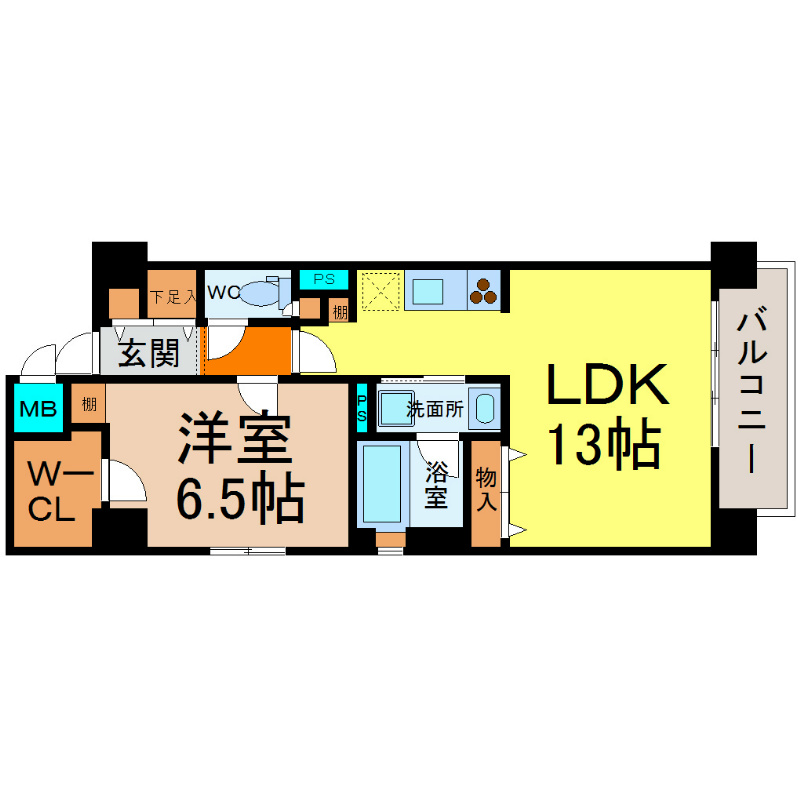 カーサミツクラ 間取図　ＬＤＫ13帖　洋室6.5帖　ウォークインクローゼット
